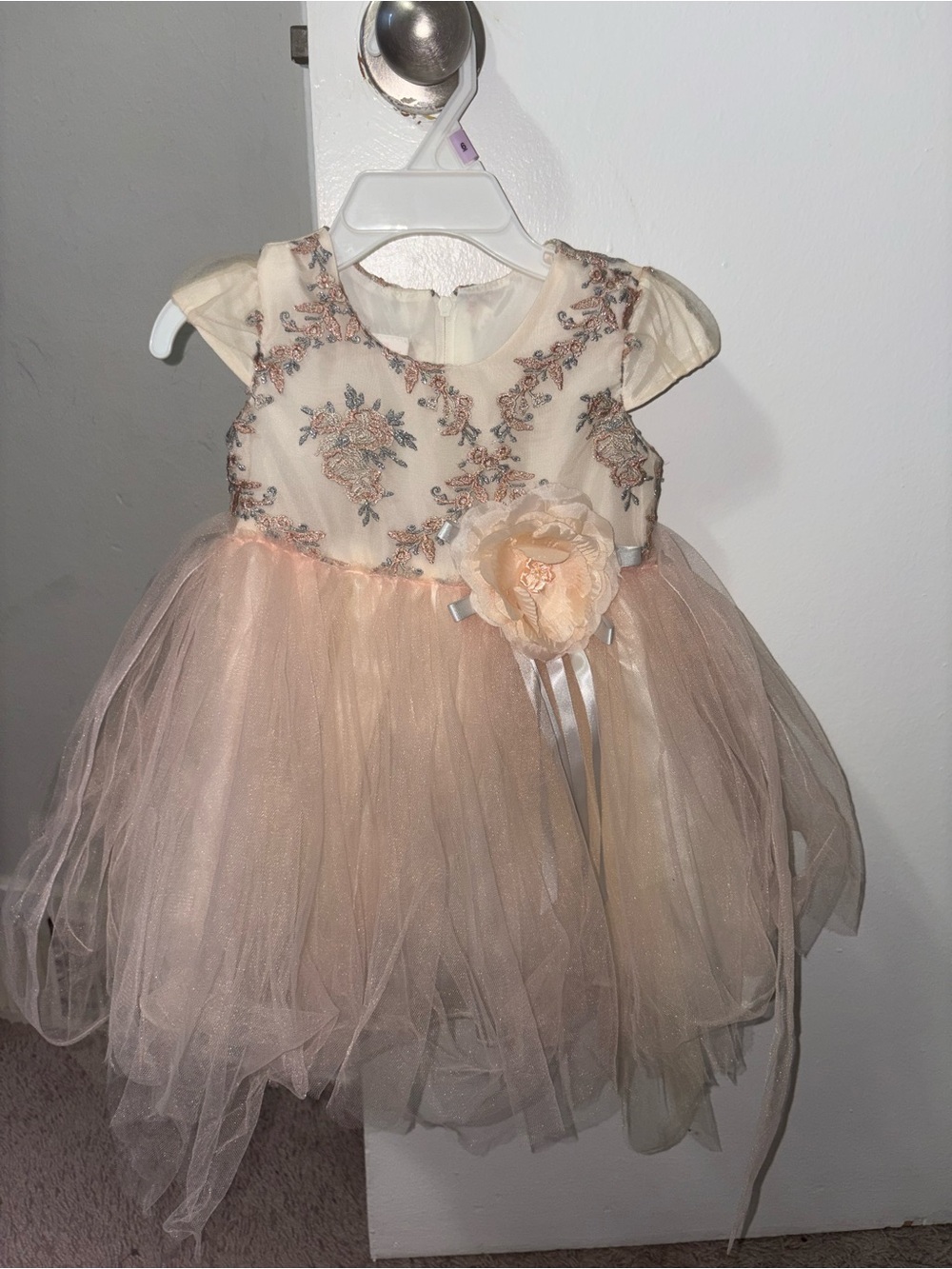 Faviana Blush and Silver Embroidered Tulle Dress